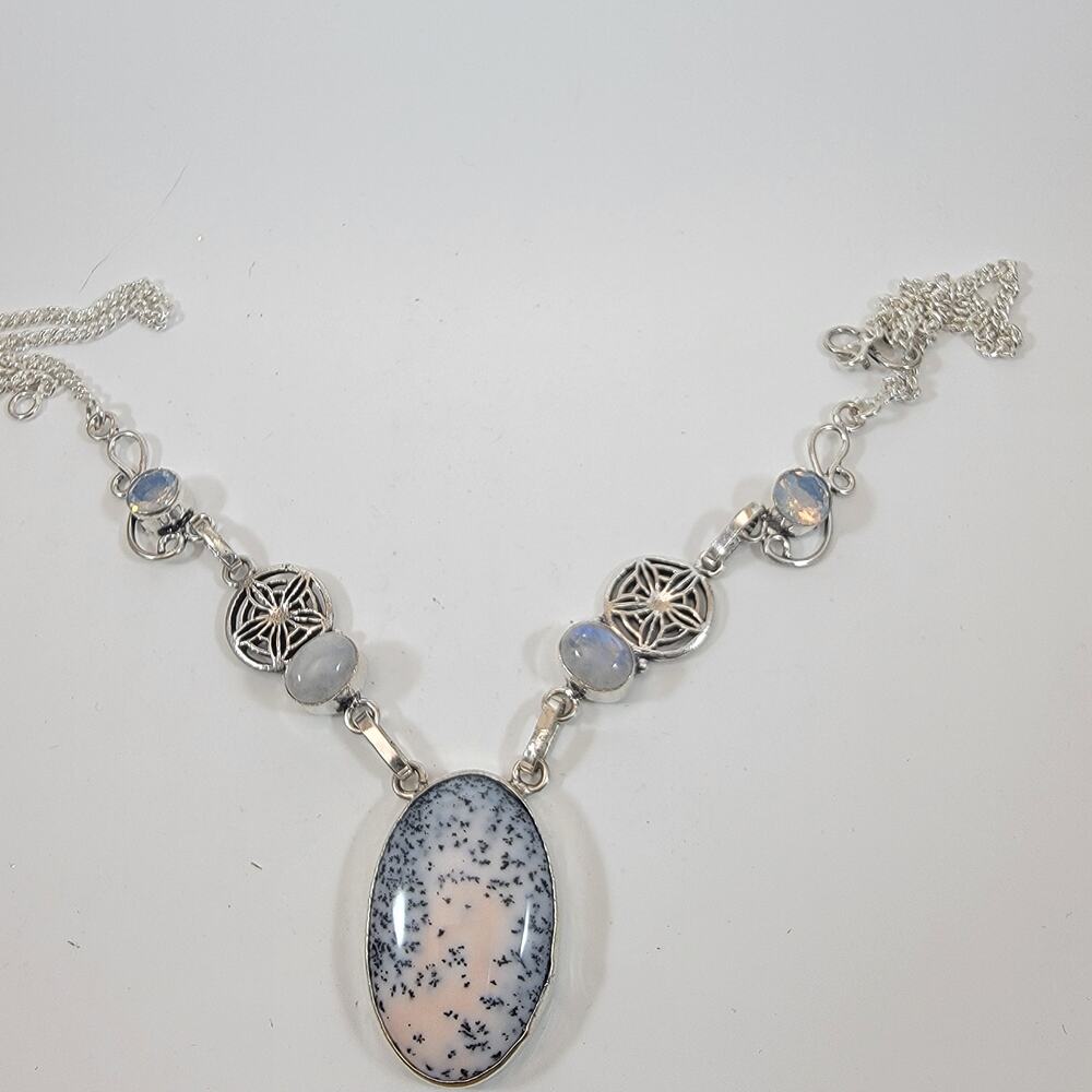 Handmade Dendritic Agate Necklace Sterling Silver Moonstone Accent Unique Design